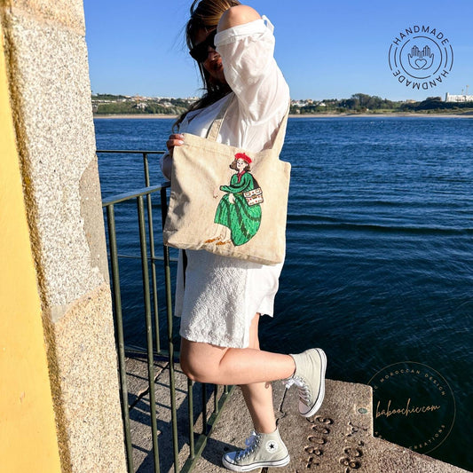 handmade cream natural fabric tote bag with girl figure design baboochic.com