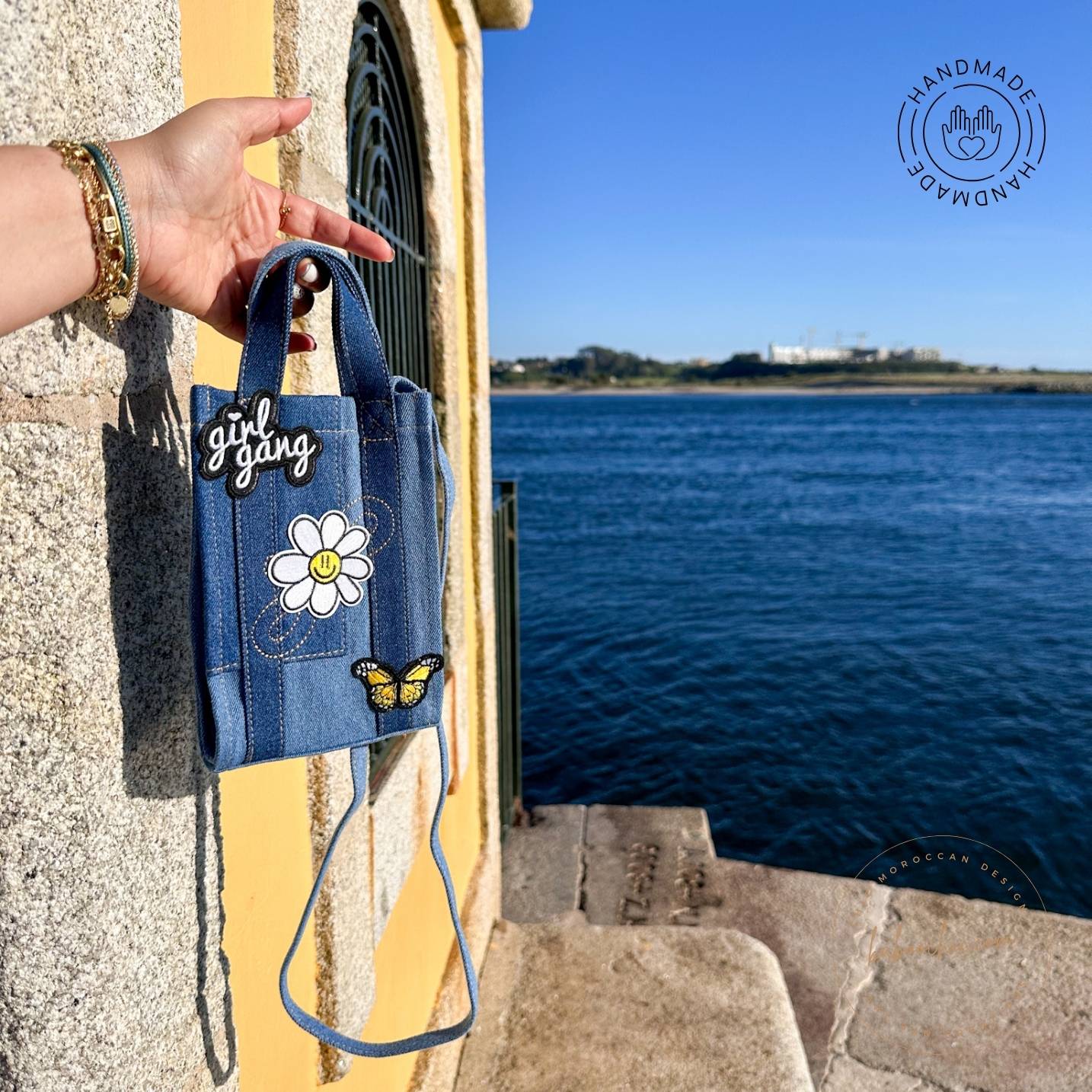 girl gang blue jean tote wallet with flower figure color design baboochic.com
