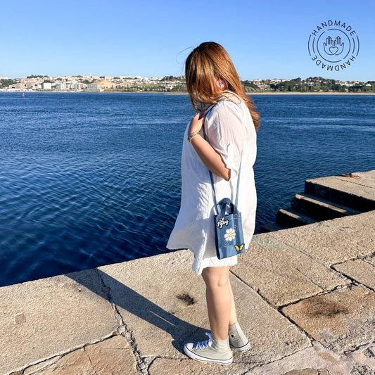 girl gang blue jean tote wallet with flower figure color design baboochic.com