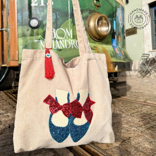 cream natural fabric tote bag with shoe figure design baboochic.com