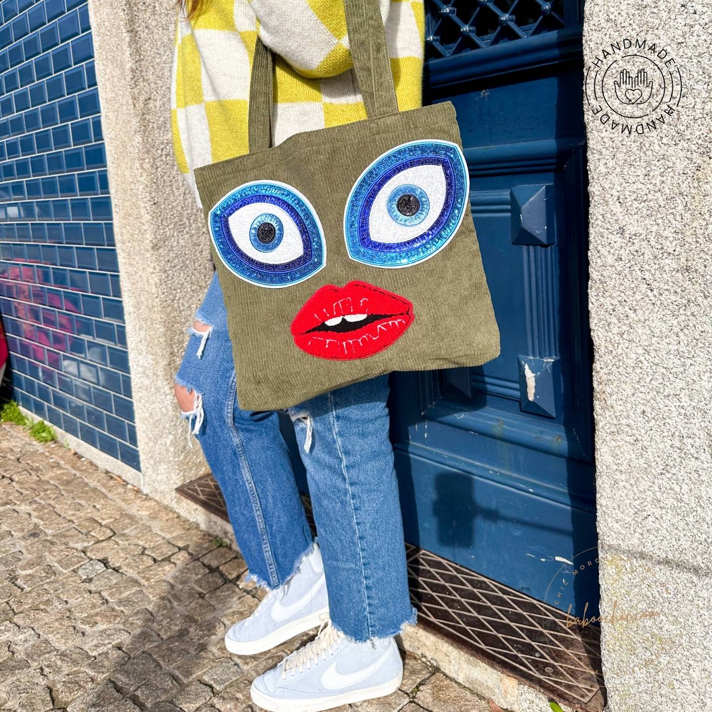 natural fabric bohemian girl tote bag with girl figure design baboochic.com