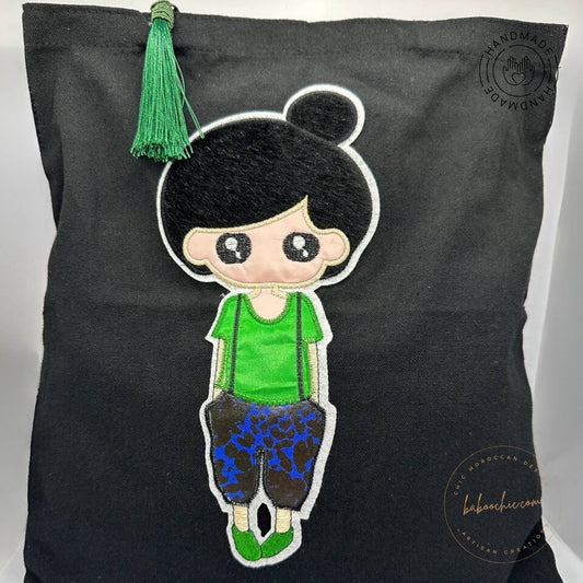 natural fabric boho girl tote bag with girl figure design baboochic.com