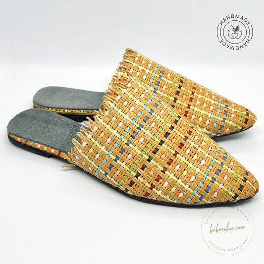cairo raffia natural colourful babouche handmade baboochic.com