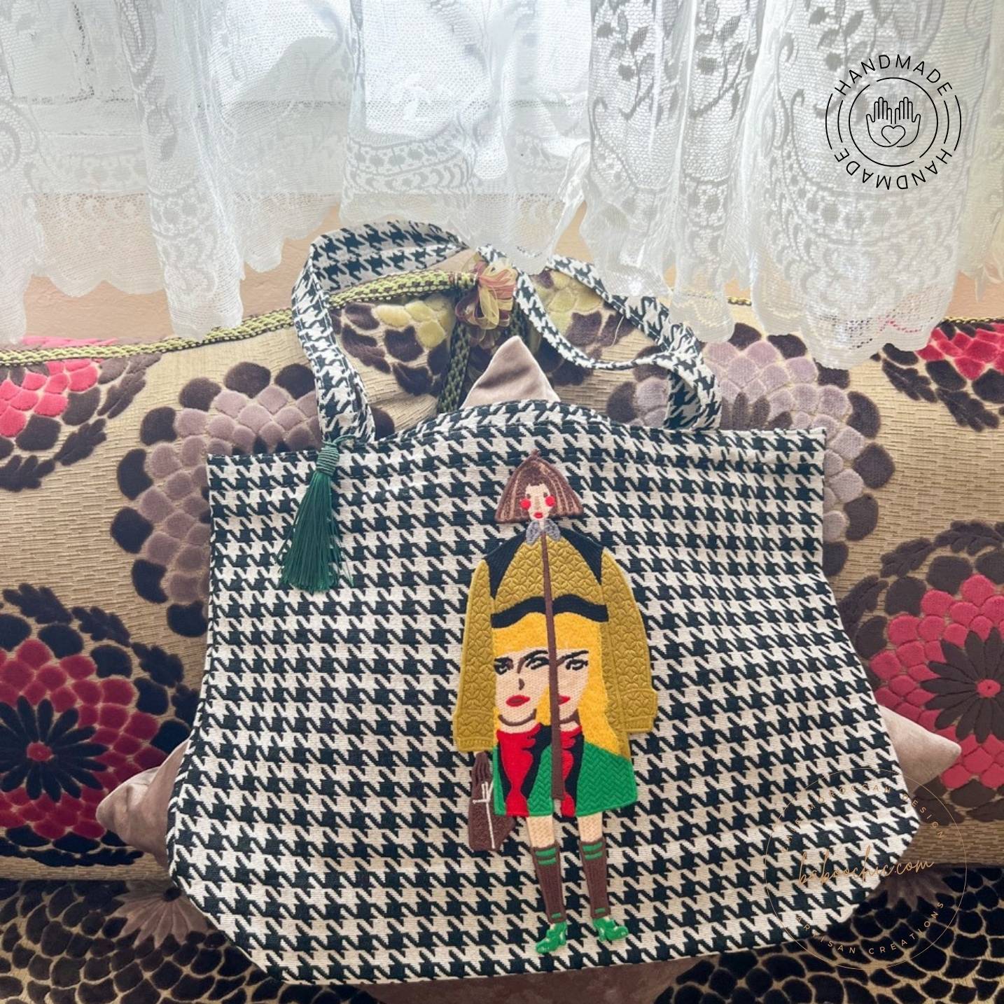 girl holding handmade tote bag unique figure at baboochic.com