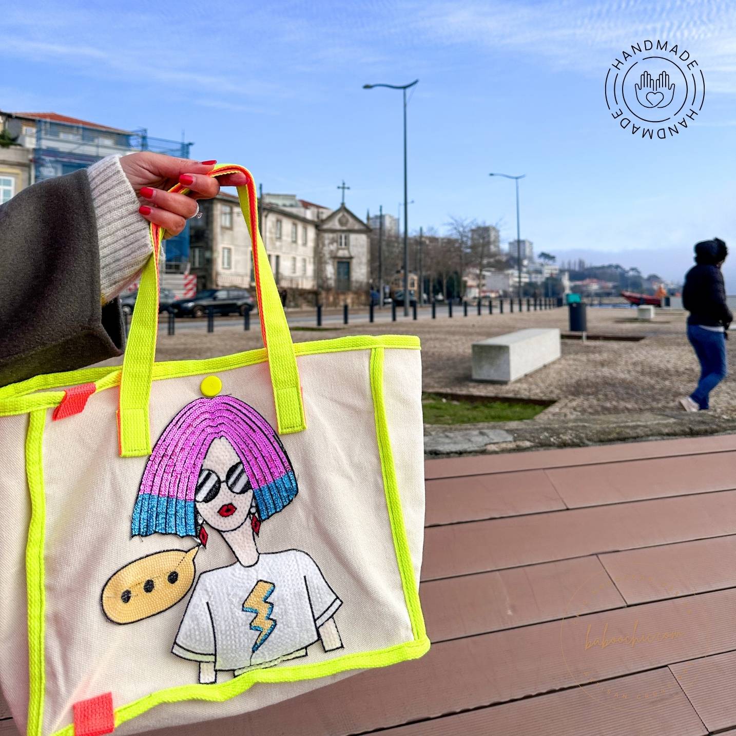handmade natural fabric chatty girl tote bag with girl figure design baboochic.com