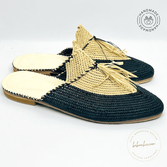 medina dark blue natural raffia babouche handmade baboochic.com