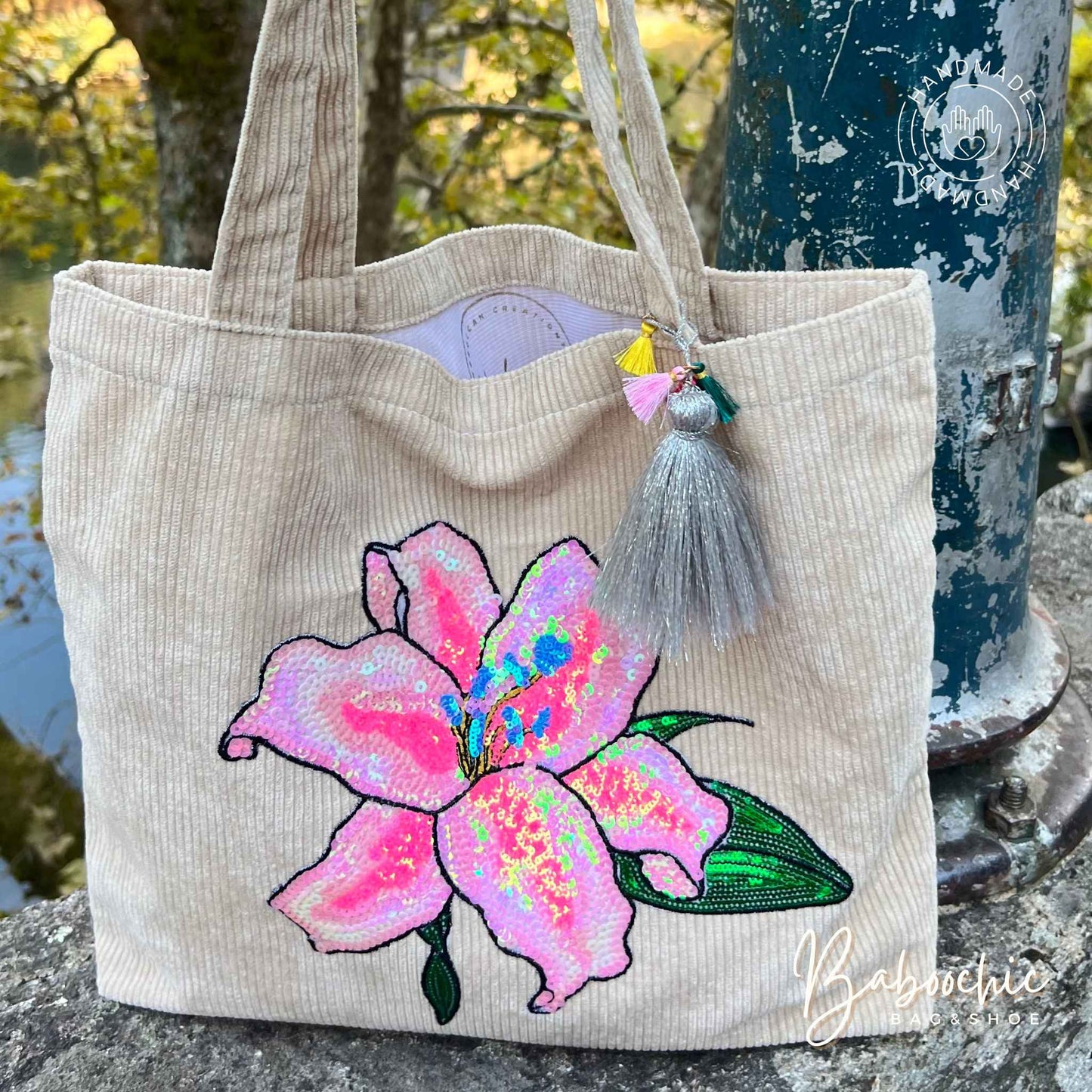 handmade fabric gangster sagrada tote bag with bloom flower figure design baboochic.com