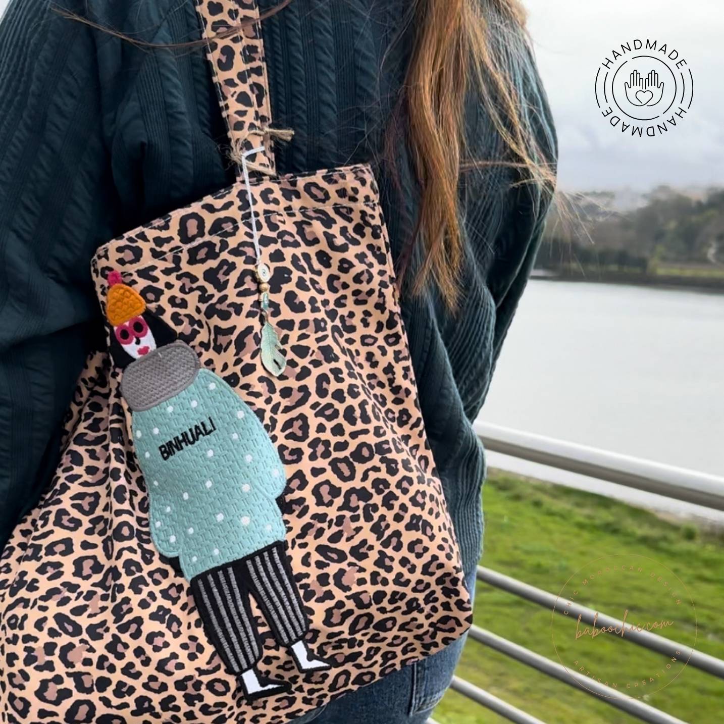 handmade leopar tote bag with girl figure brown color design baboochic.com