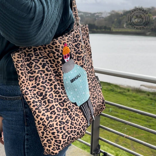 handmade leopar tote bag with girl figure brown color design baboochic.com