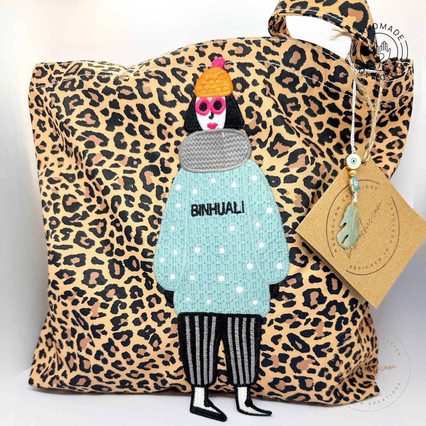 handmade leopar tote bag with girl figure brown color design baboochic.com