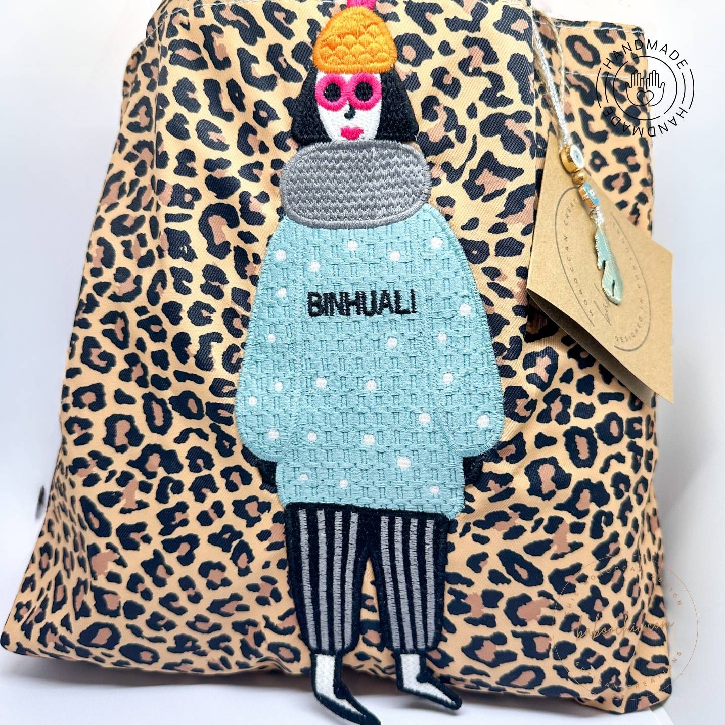 handmade leopar tote bag with girl figure brown color design baboochic.com