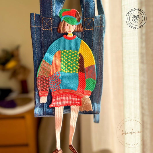 jean tote wallet with colorful girl figure color design baboochic.com 