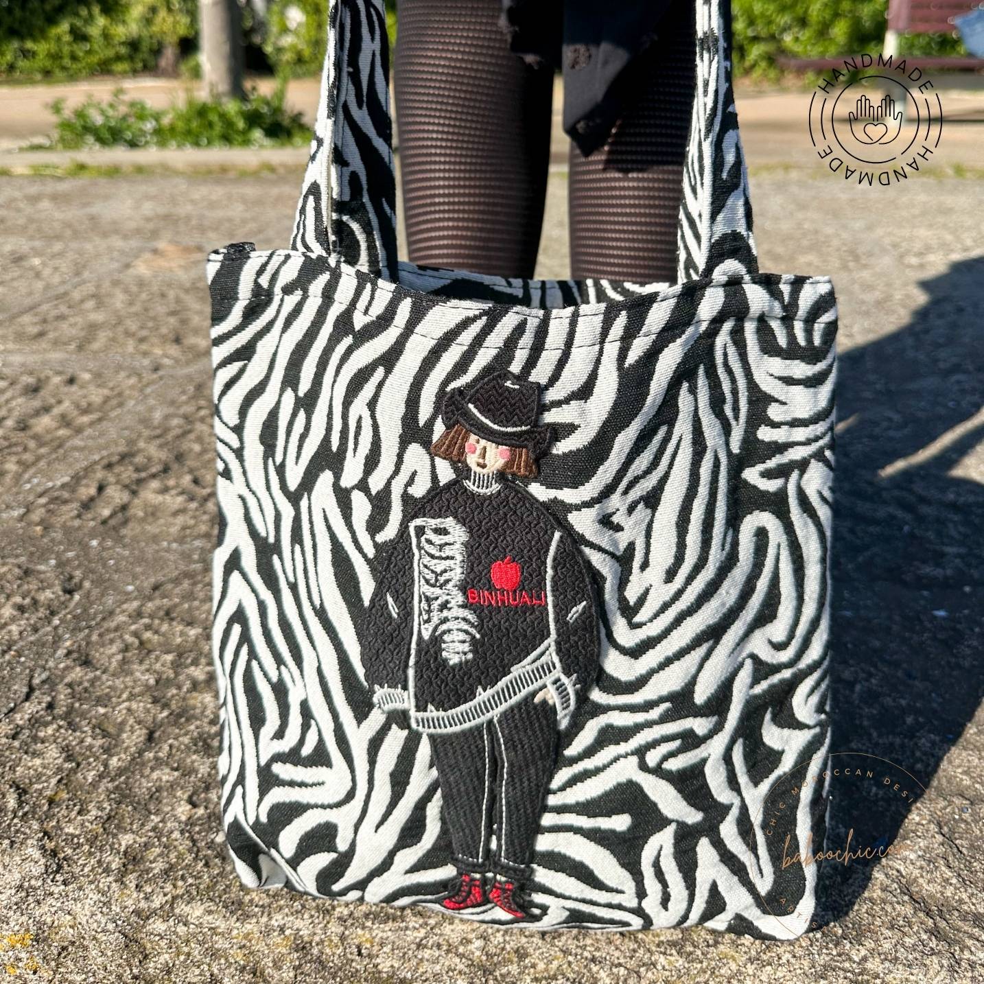 handmade zebra tote bag black figure ecologic tote bag with sticker baboochic.com