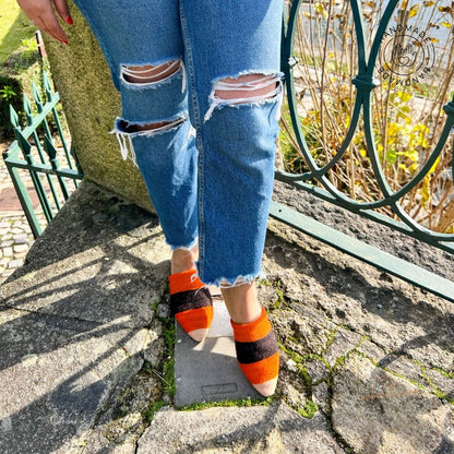 girl wearing natural red color rug babouche mule with kilim design baboochic.com