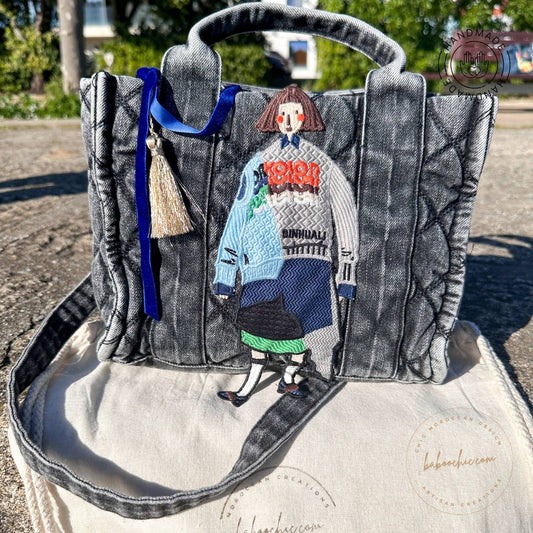 black natural fabric tote bag with girl figure design baboochic.com