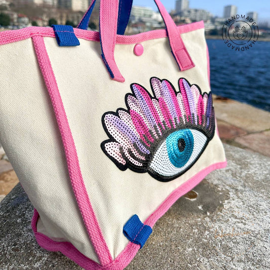 handmade fabric evil eye tote bag with figure design baboochic.com