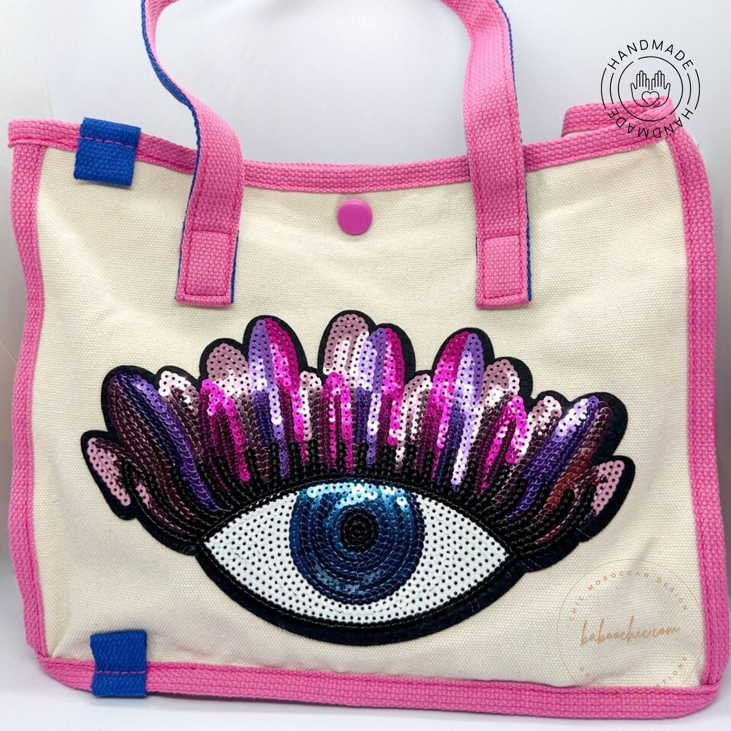 handmade fabric evil eye tote bag with figure design baboochic.com