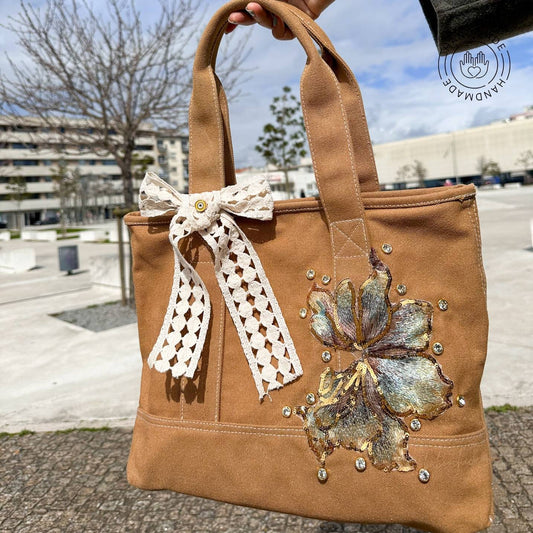 handmade brown color tote bag with flower design baboochic.com