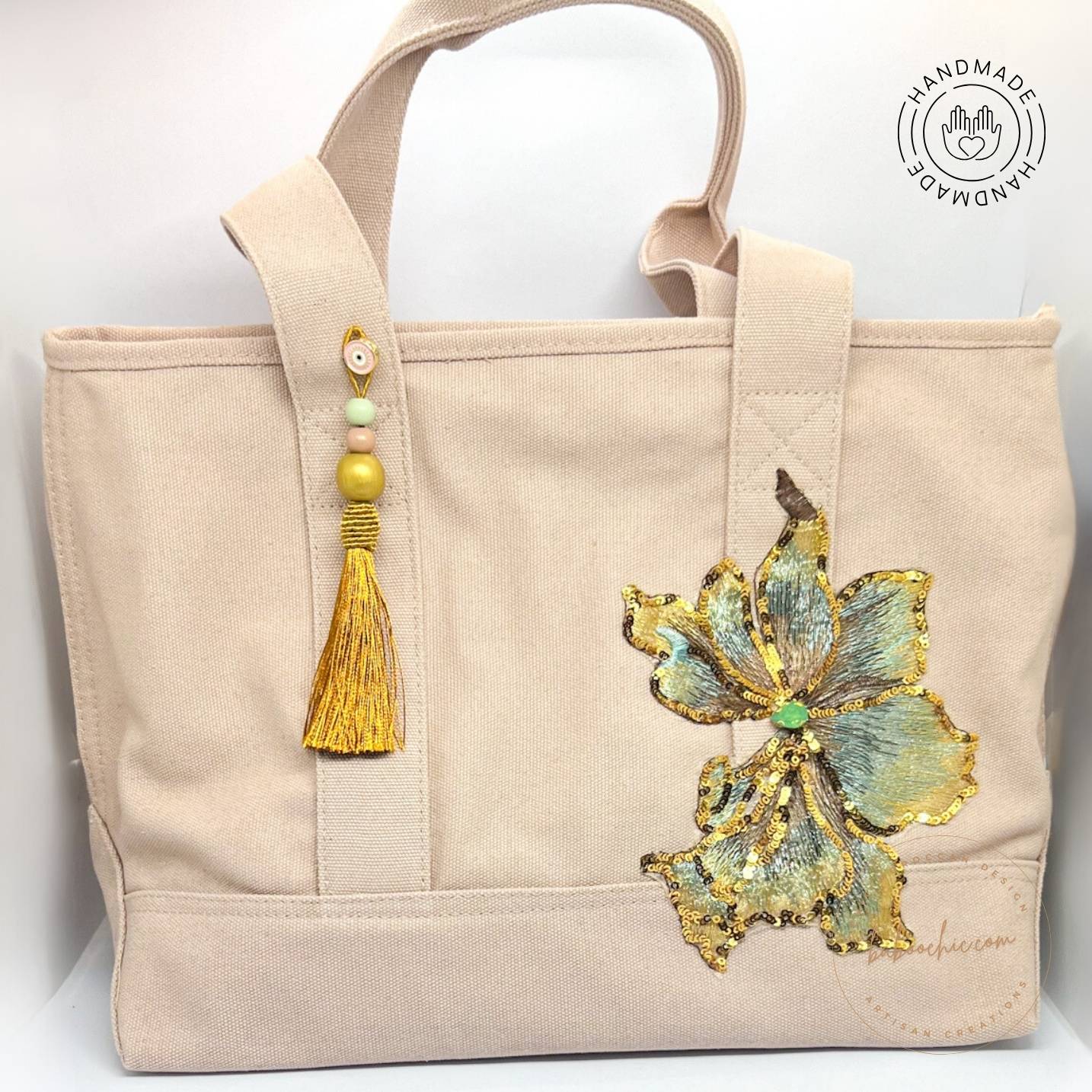 handmade cream color tote bag with flower design baboochic.com