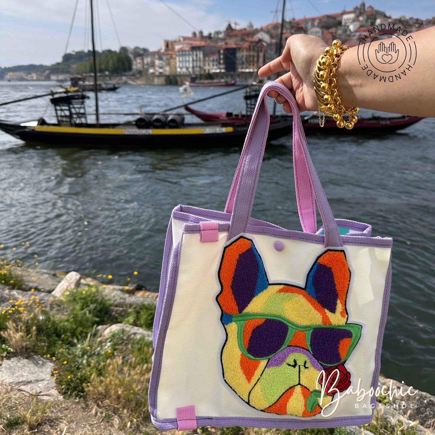 handmade fabric gangster doggy tote bag with figure design baboochic.com