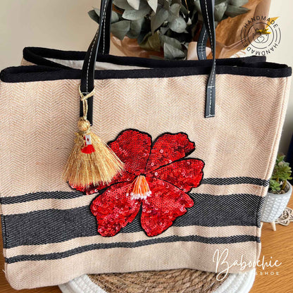 handmade fabric tote bag with figure hibiscus design baboochic.com