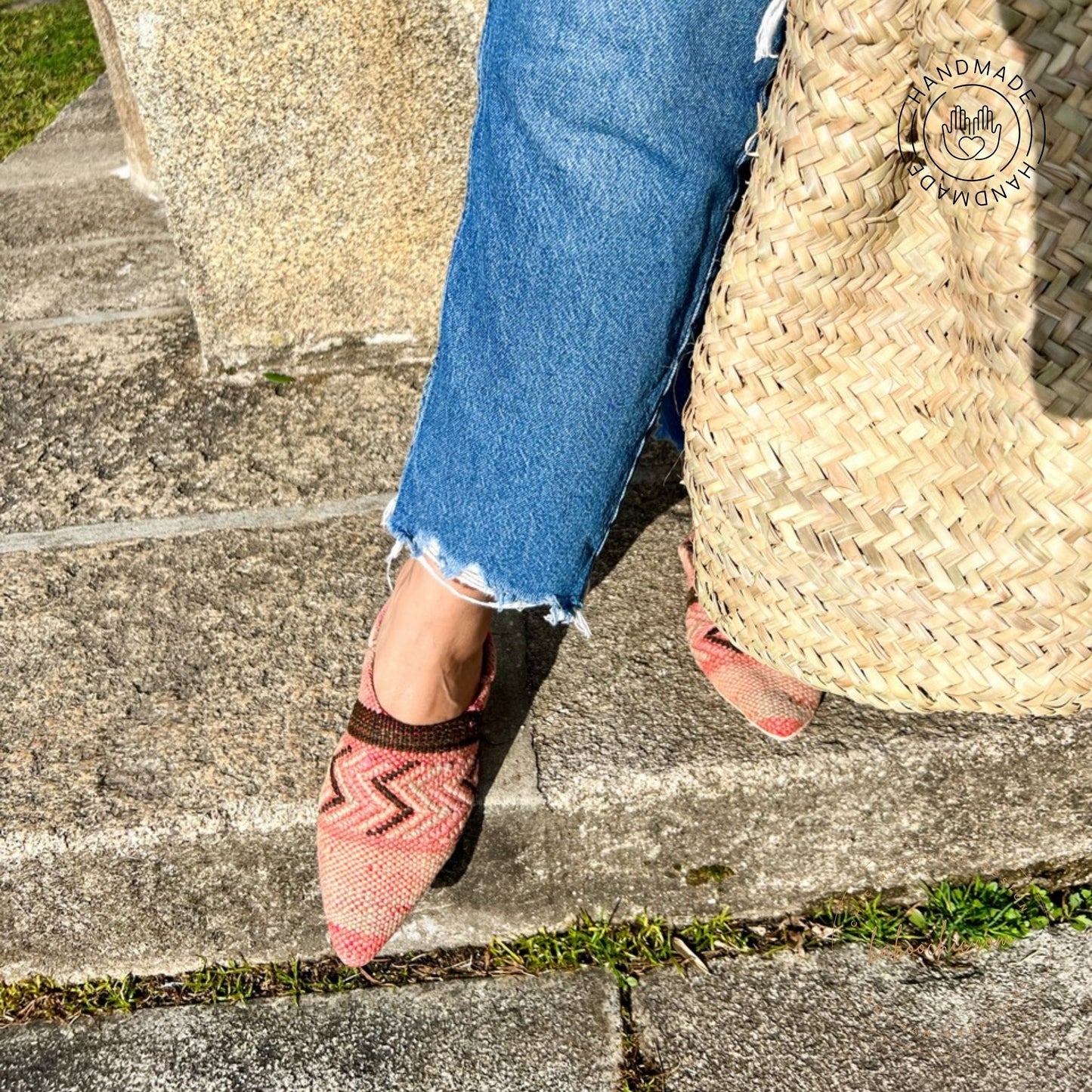 girl wearing natural color rug babouche slipper with kilim design baboochic.com