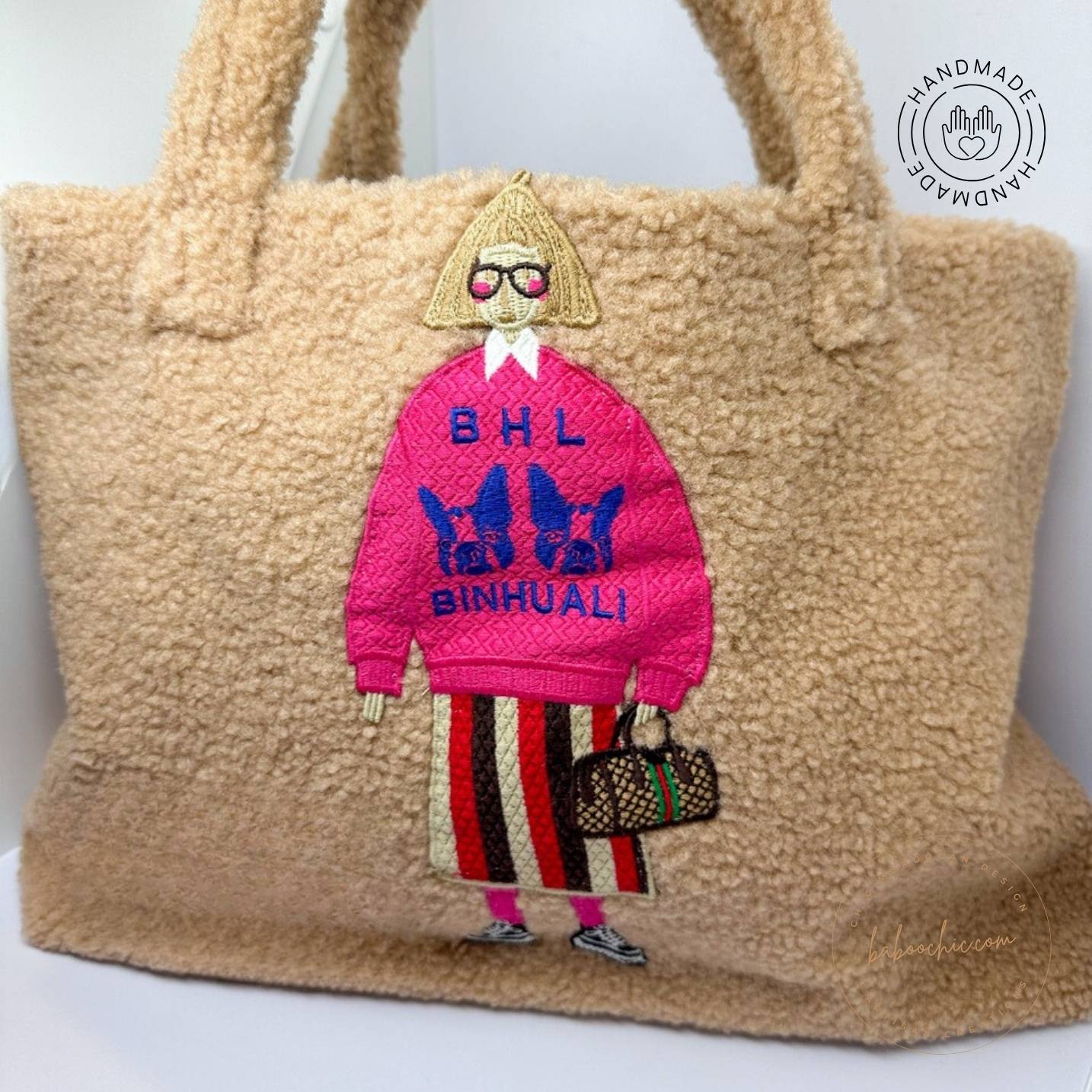 handmade lola natural fabric tote bag with girl figure design baboochic.com