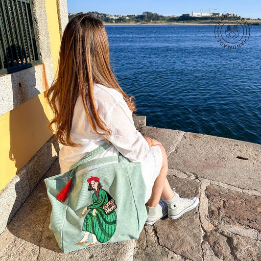 girl holding handmade tote loona bag green unique figure at baboochic.com