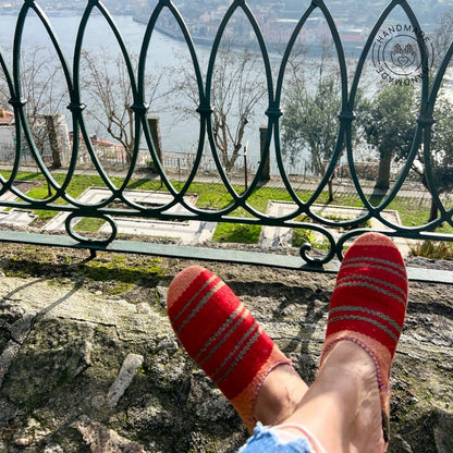 girl wearing matilda natural red color rug babouche with kilim design baboochic.com