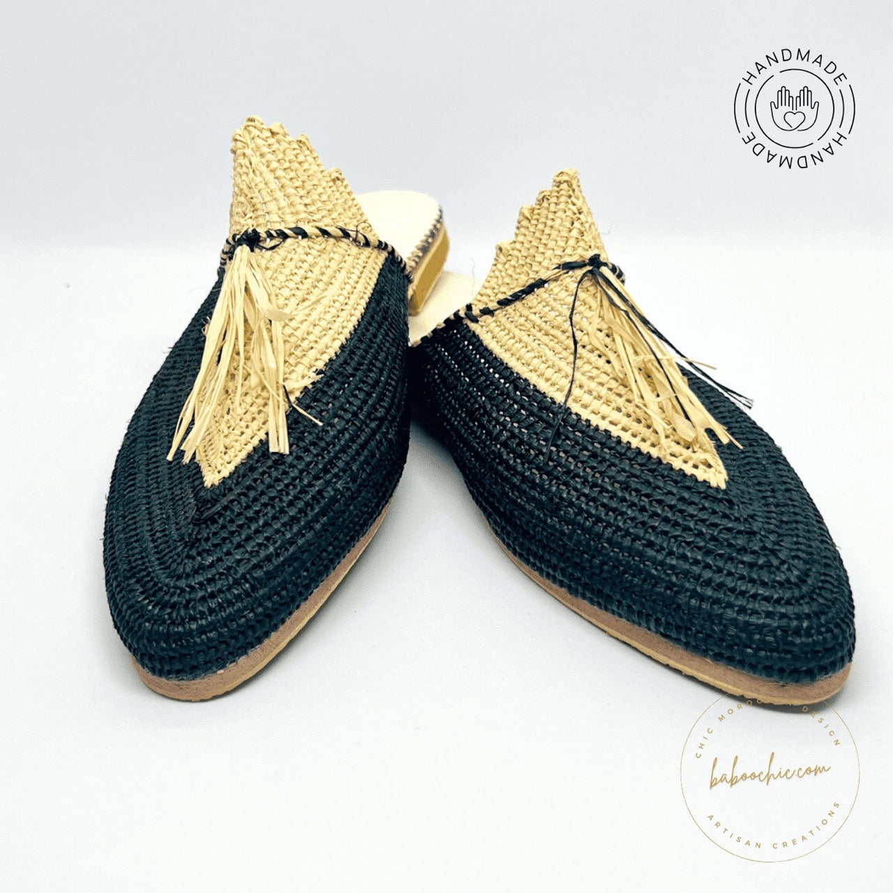 medina dark blue natural raffia babouche handmade baboochic.com 