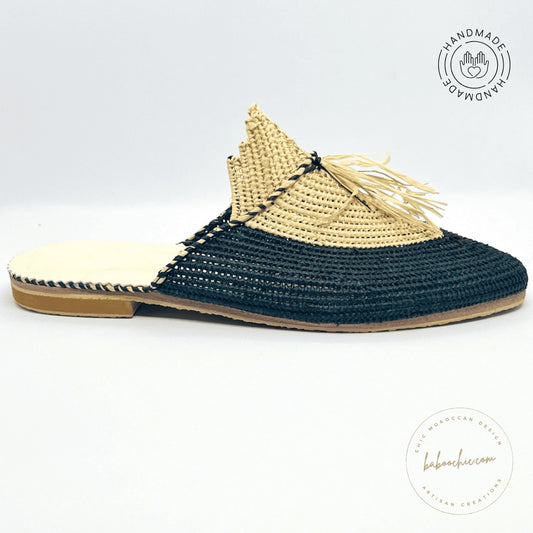 medina dark blue natural raffia babouche handmade baboochic.com 