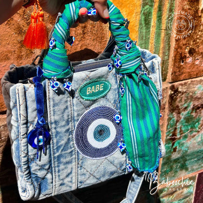 handmade denim tote bag with Nazar figure design baboochic.com