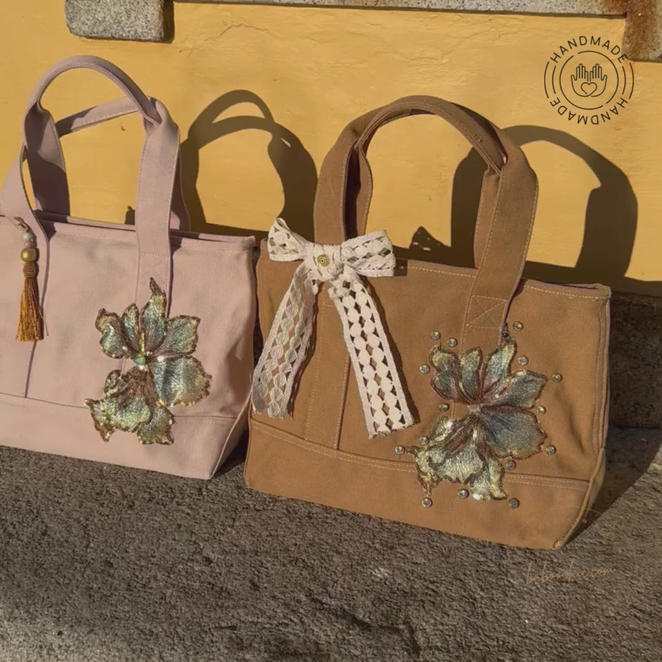 handmade brown tote bag with flower design baboochic.com