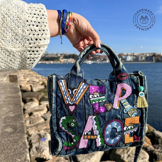 handmade jean natural fabric verbela denim tote bag with versace figure design baboochic.com