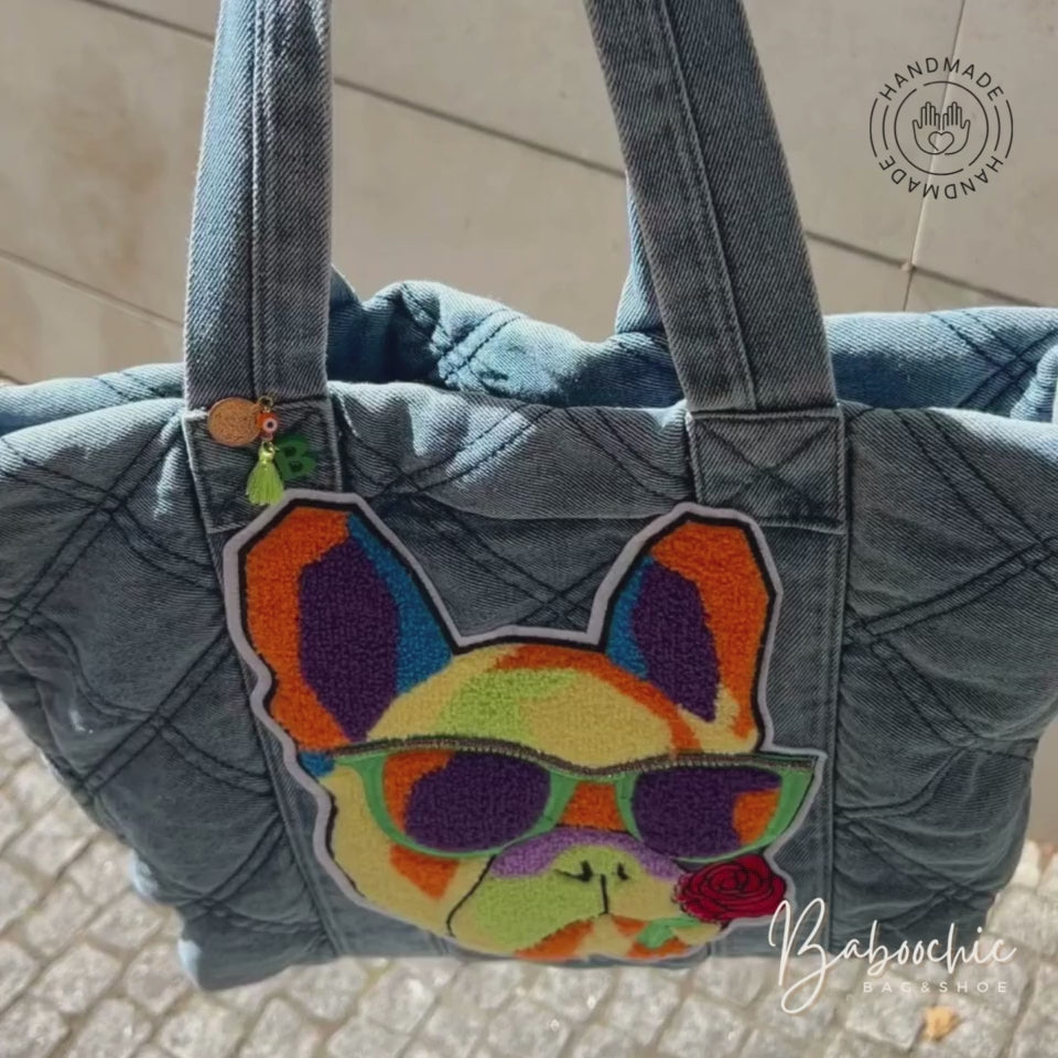 handmade jean gangster doggy tote bag with sparkle line figure design baboochic.com