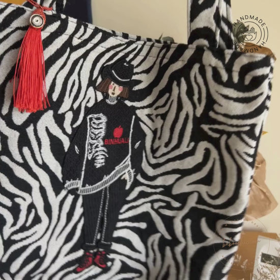 handmade zebra tote bag black figure ecologic tote bag with sticker baboochic.com