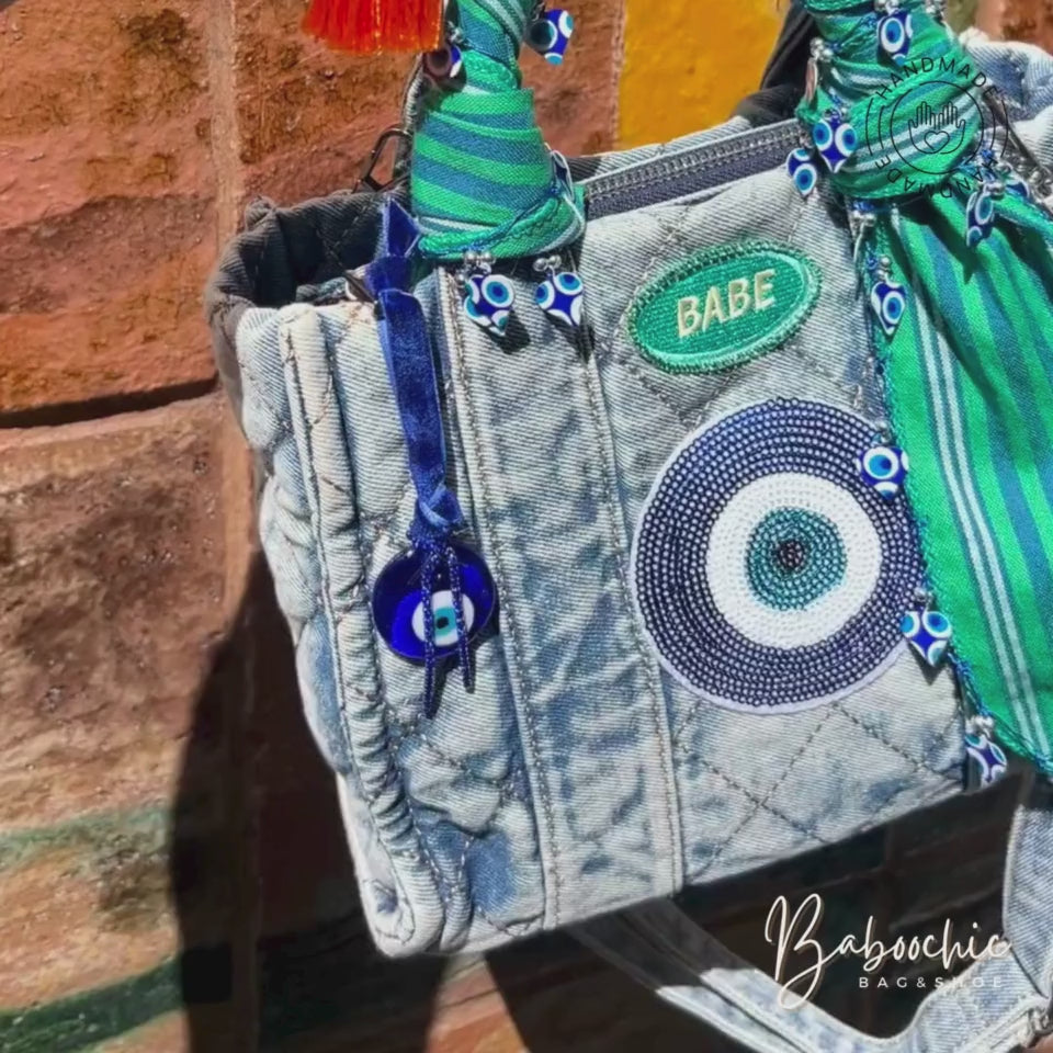 handmade denim tote bag with Nazar figure design baboochic.com