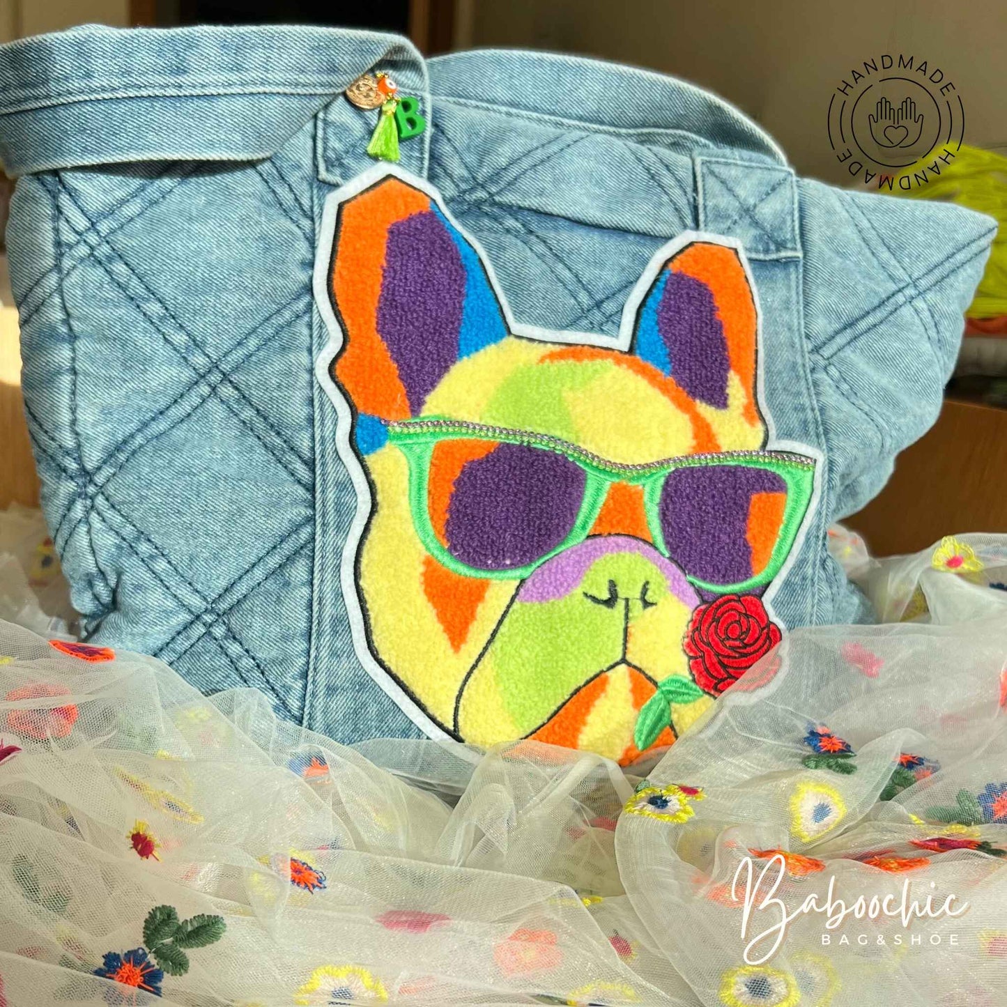 handmade jean gangster doggy tote bag with sparkle line figure design baboochic.com