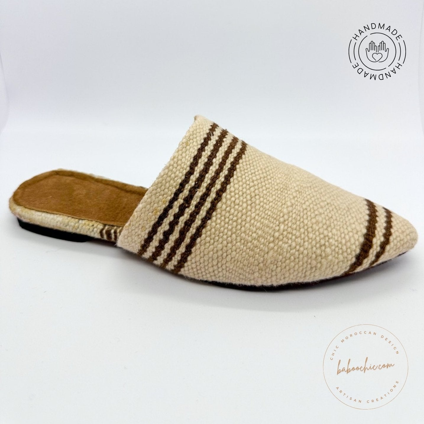 handmade sultana natural white color mule babouche with kilim design baboochic.com