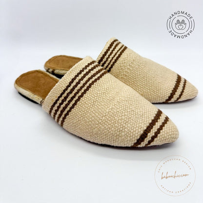 handmade sultana natural white color mule babouche with kilim design baboochic.com