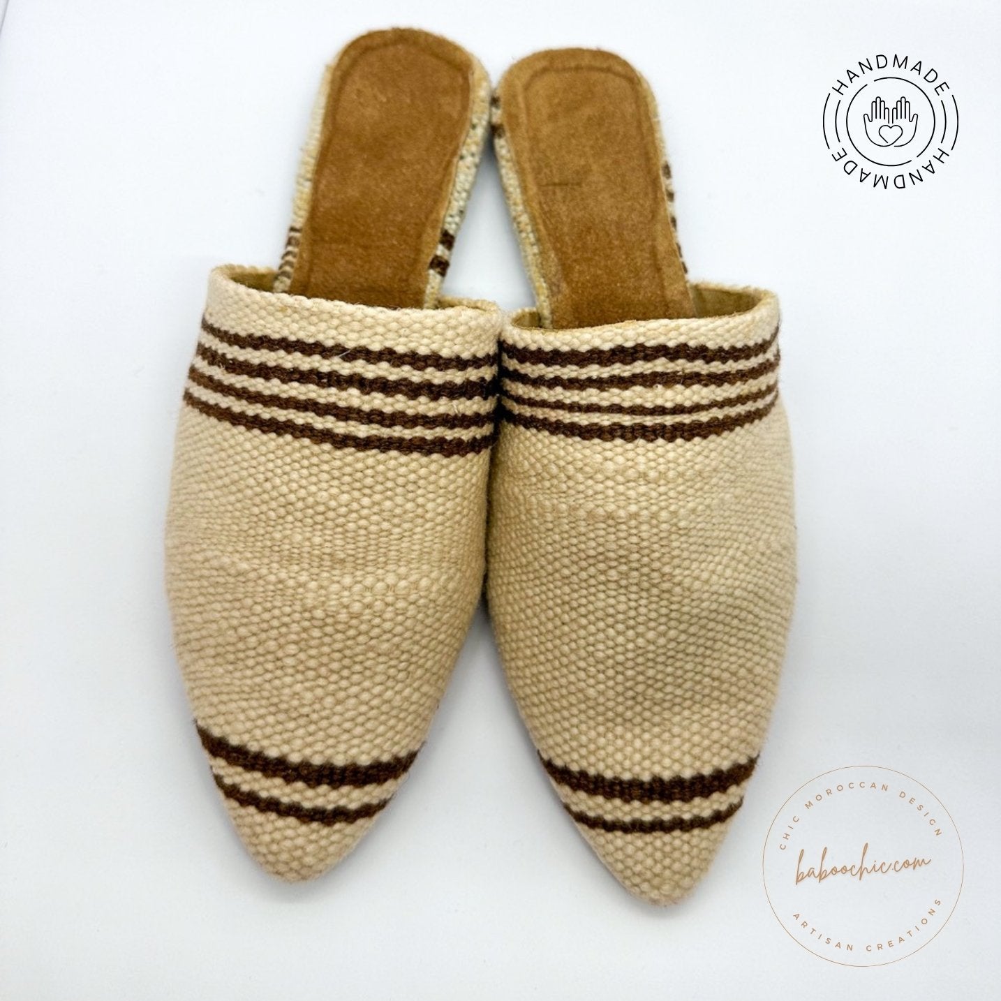 handmade sultana natural white color mule babouche with kilim design baboochic.com