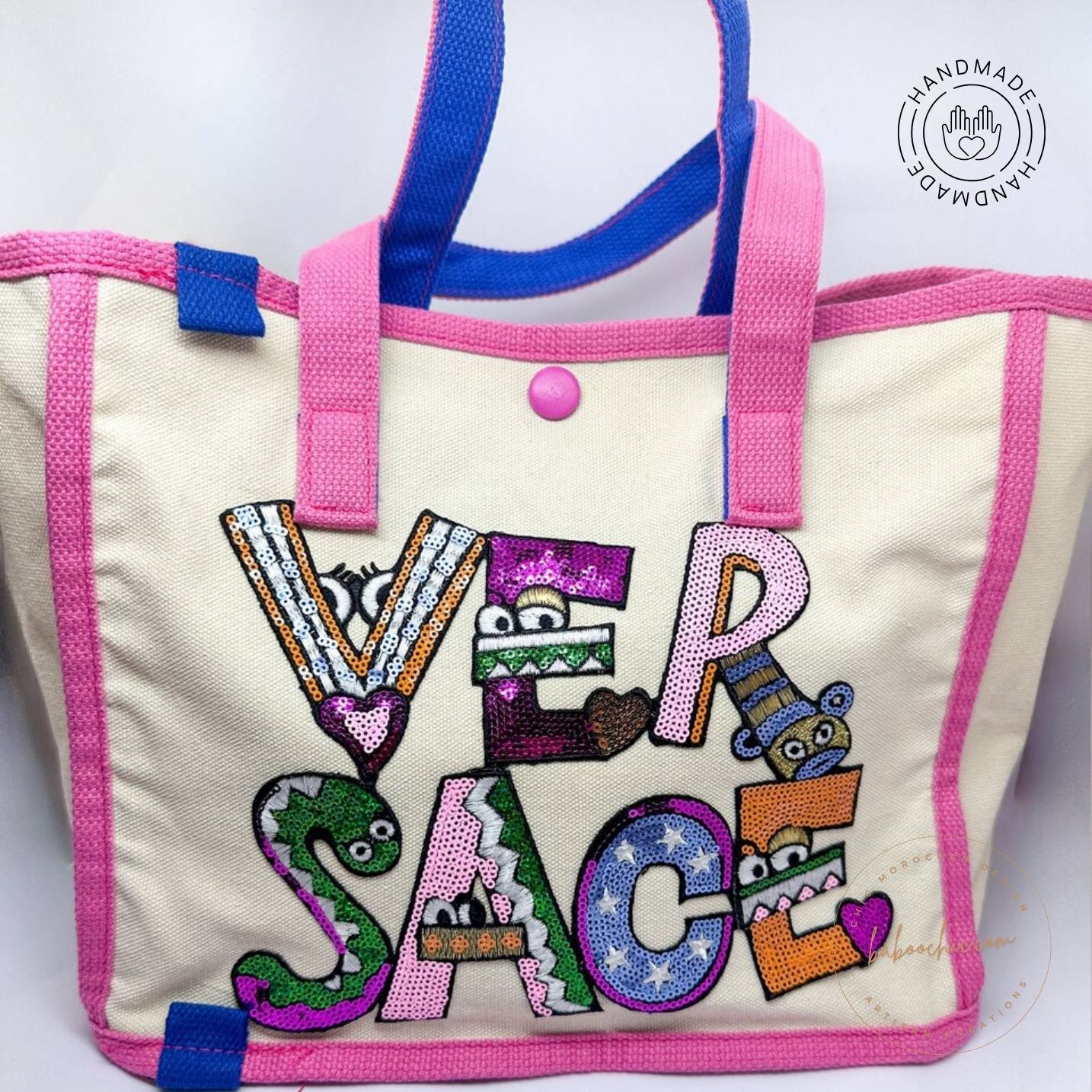 handmade white natural fabric verbela girl tote bag with versace figure design baboochic.com